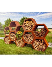 Range bûches hexagonal modulable HARENA en acier rouillé