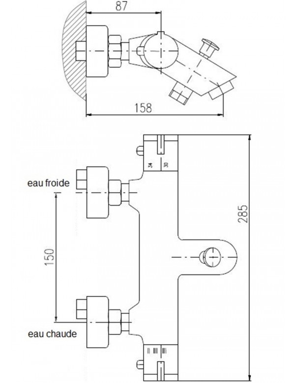 Mitigeur baignoire mural thermostatique en laiton doré poli