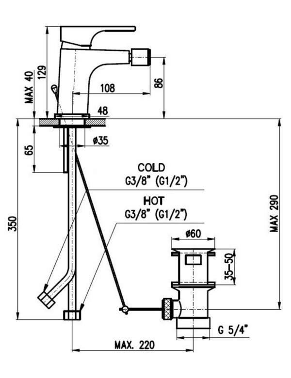 Mitigeur bidet YUKON en laiton métal gris brossé avec siphon