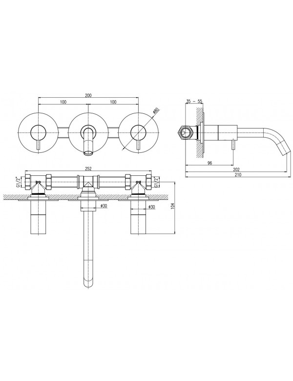 Mitigeur lavabo mural SEINA 3 trous en laiton rose gold poli