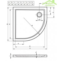 Receveur de douche acrylique quadrant  RIHO DAVOS 281 90x90x4,5 cm avec pieds et tablier