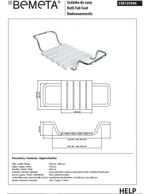 Siège de baignoire amovible et réglable HELP 74x32x13cm en acier inoxydable