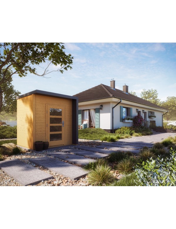Abri de jardin moderne BRATEK à bardeau noir 203,8x201,9 H. 229 cm coloris chêne porte en verre