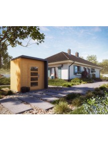 Abri de jardin moderne BRATEK à bardeau noir 203,8x201,9 H. 229 cm coloris chêne porte en verre