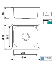 Évier 1 bac en acier inoxydable BE avec bonde et siphon 44x38 cm
