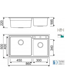 Évier 2 bacs en acier inoxydable ROSEE avec bonde et siphon 86x50cm