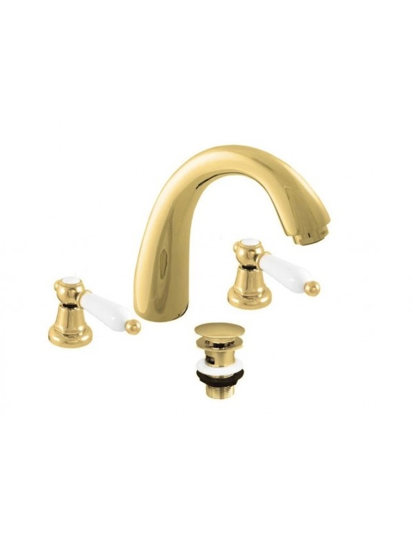 Mélangeur lavabo rétro 3 trous MORAVA en laiton doré avec bonde Mélangeur lavabo rétro 3 trous MORAVA en laiton doré avec bonde