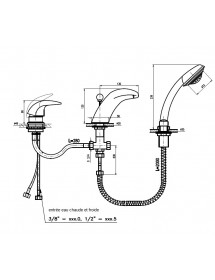 Mitigeur baignoire à cascade 3 trous DANUBE avec inverseur en laiton doré