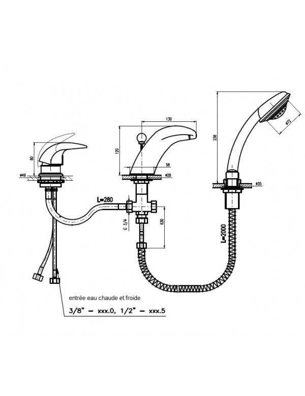 Mitigeur baignoire à cascade 3 trous DANUBE avec inverseur en laiton doré
