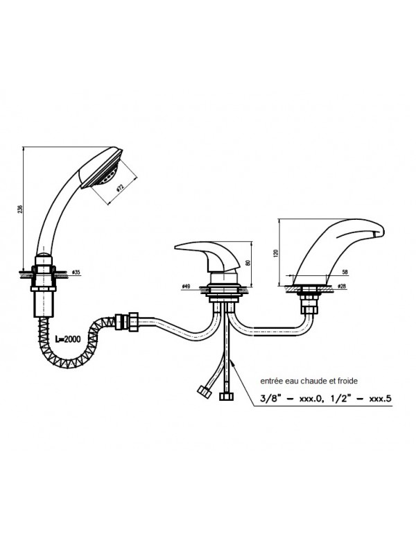 Mitigeur baignoire à cascade 3 trous DANUBE en laiton doré