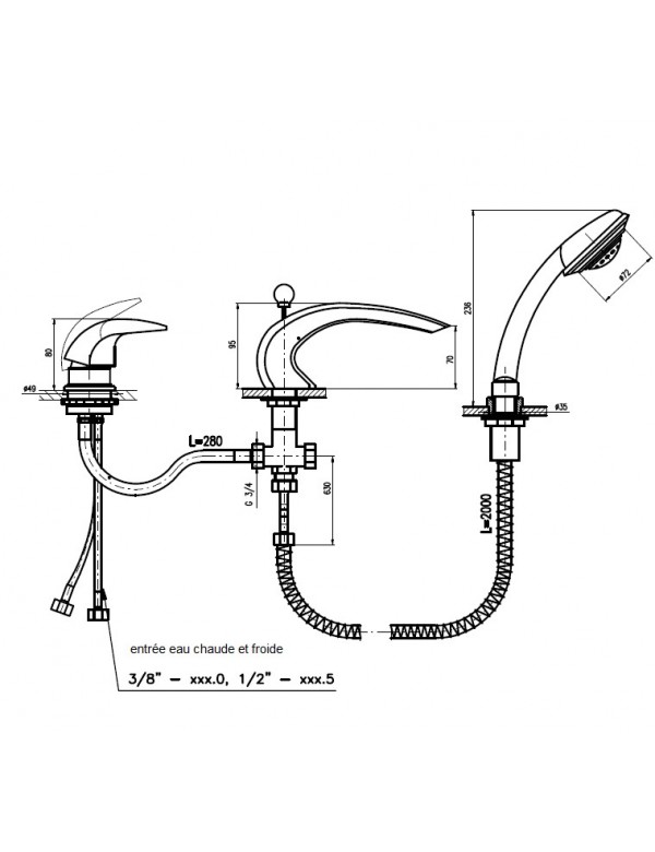 Mitigeur baignoire à cascade DUNAJ 3 trous avec inverseur laiton doré