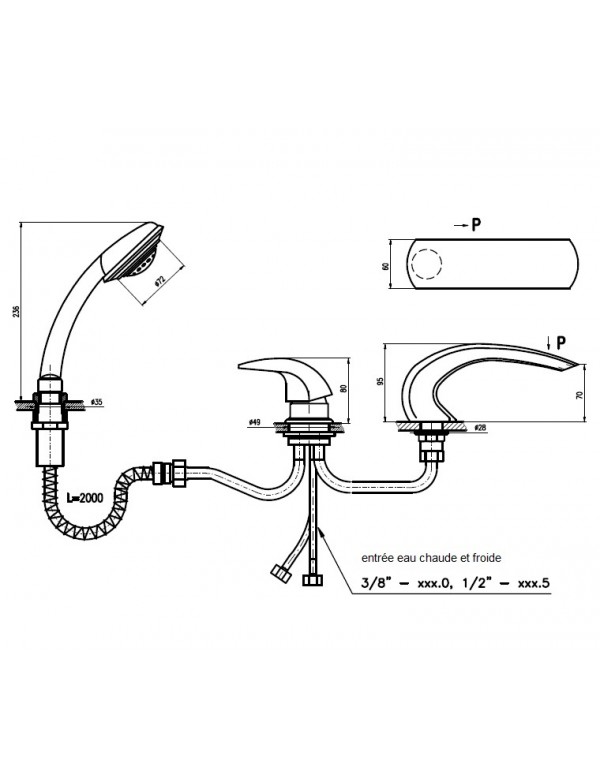 Mitigeur baignoire à cascade DUNAJ 3 trous en laiton doré