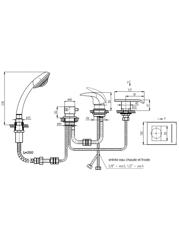 Mitigeur baignoire à cascade DONAU 4 trous en laiton doré