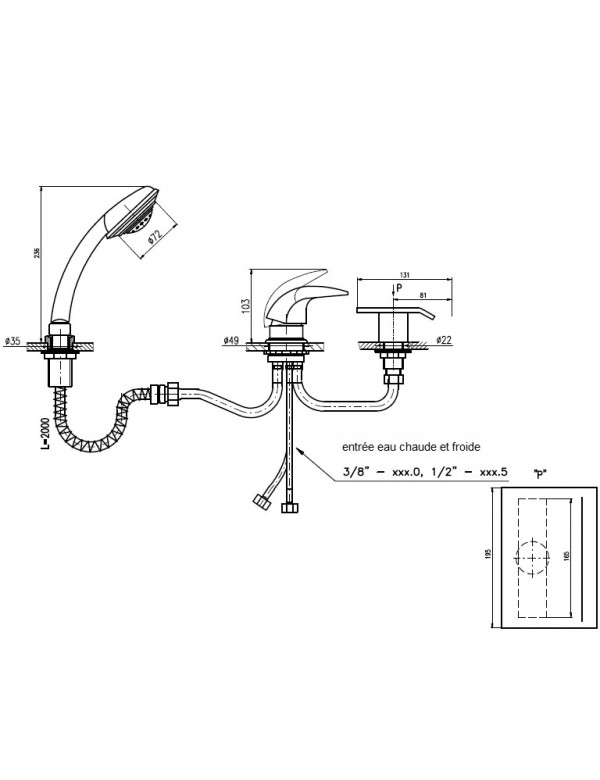Mitigeur baignoire à cascade DANUBO 3 trous laiton doré