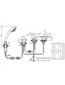 Mitigeur baignoire à cascade DANUBO 4 trous en laiton doré