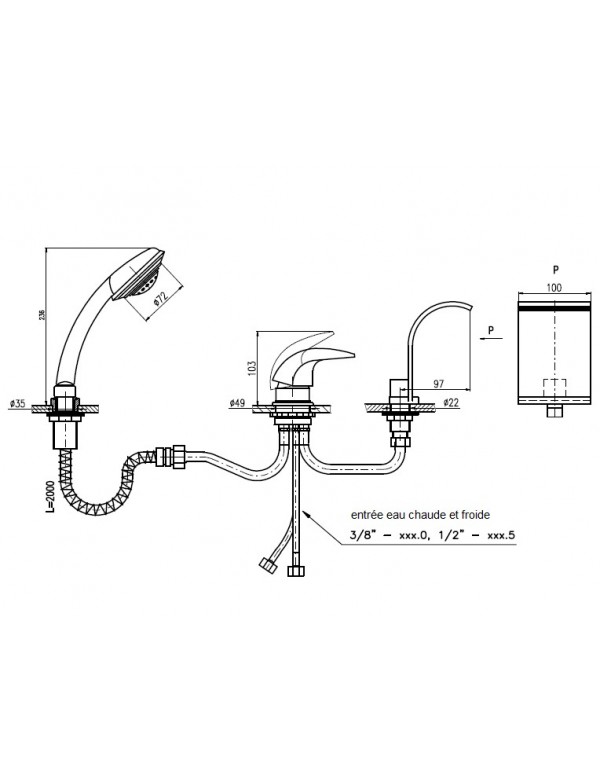 Mitigeur baignoire 3 trous DUNAJI avec cascade en laiton doré