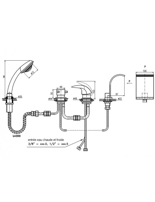 Mitigeur baignoire 4 trous DUNAJI avec cascade en laiton doré
