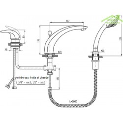 Mitigeur baignoire à cascade DUNAJ 3 trous avec inverseur