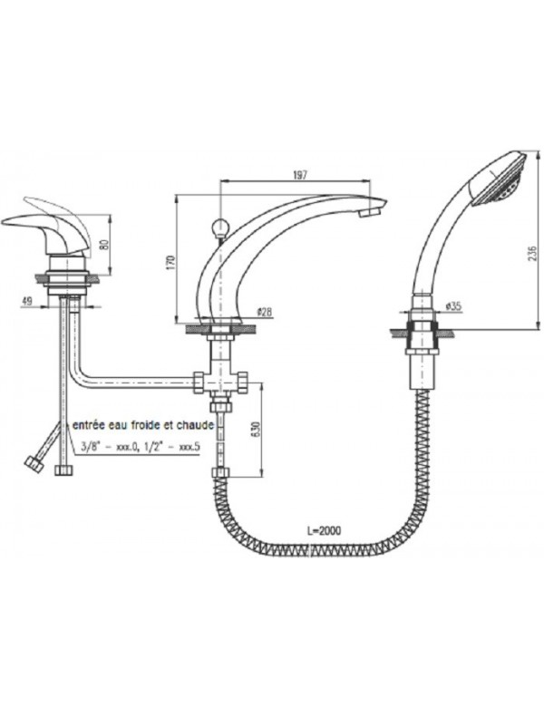 Mitigeur baignoire à cascade DUNAJ 3 trous avec inverseur en laiton doré