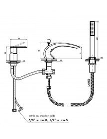 Mitigeur baignoire à cascade 3 trous avec inverseur laiton doré