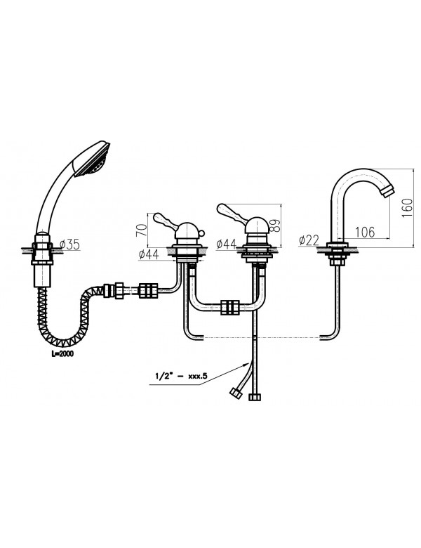 Mélangeur baignoire avec bec haut LABE 4 trous en laiton