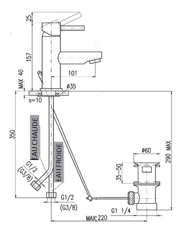Mitigeur lavabo SEINA avec bonde laiton chromé