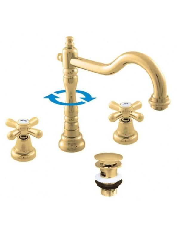 Mélangeur lavabo rétro 3 trous MORAVA avec bonde en laiton doré Mélangeur lavabo rétro 3 trous MORAVA avec bonde en laiton doré