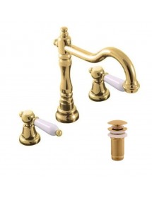 Mélangeur lavabo rétro 3 trous MORAVA avec bonde laiton doré