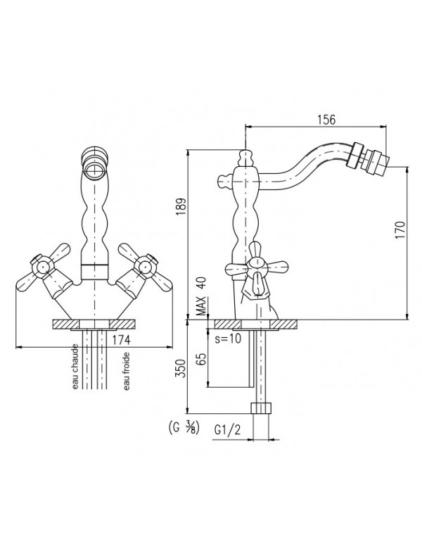 Mélangeur bidet long MORAVA sans siphon en laiton bronze