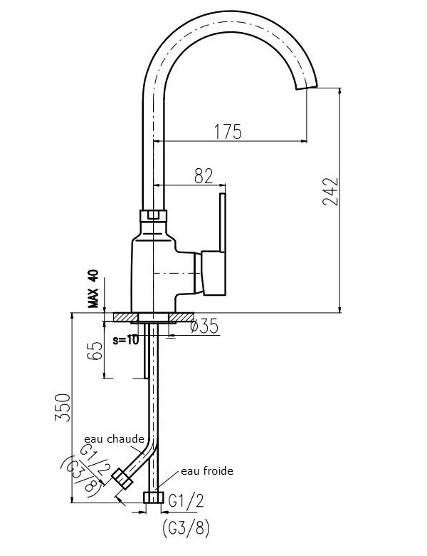 Mitigeur évier ZAMBEZE pivotant bec rond en laiton gris métal brossé