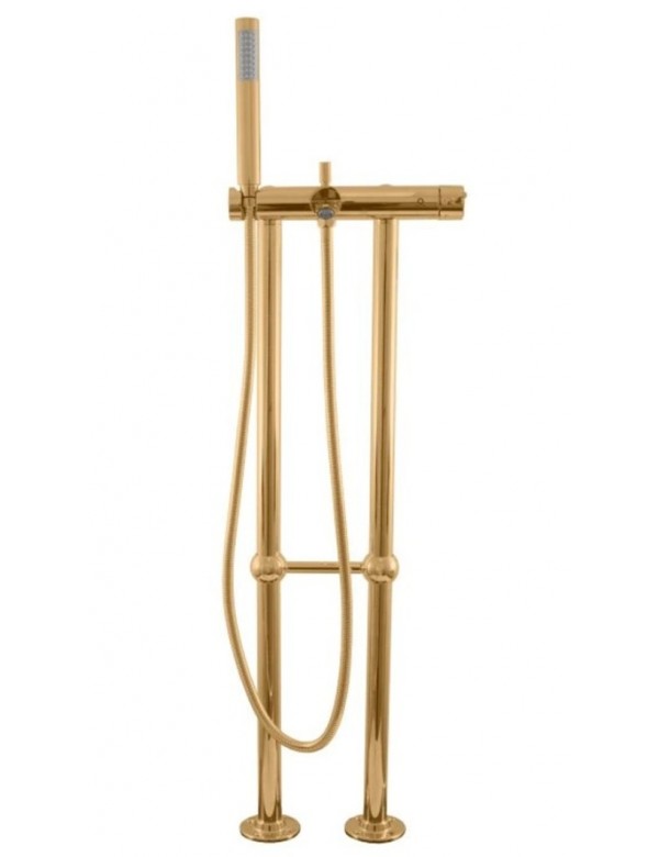 Mitigeur baignoire sur pied SEINA en laiton doré brossé avec douchette H. 106 cm Mitigeur baignoire sur pied SEINA en laiton doré brossé avec douchette H. 106 cm