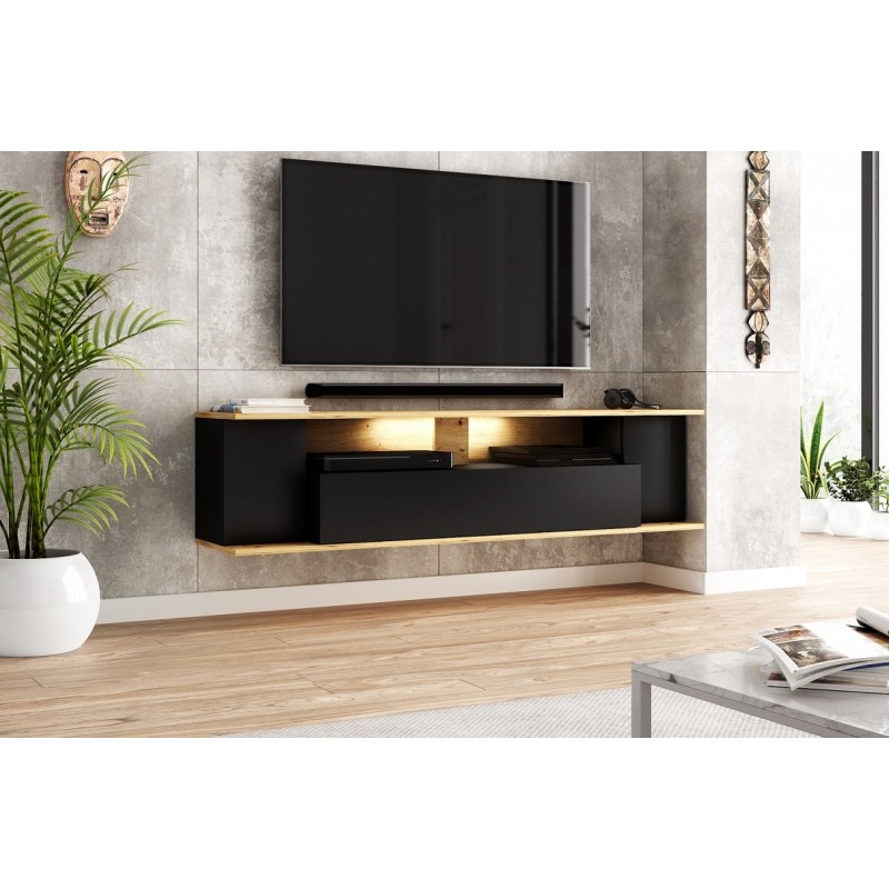 Meuble TV avec LED à suspendre ROB coloris noir chêne 160x35x38,7 cm