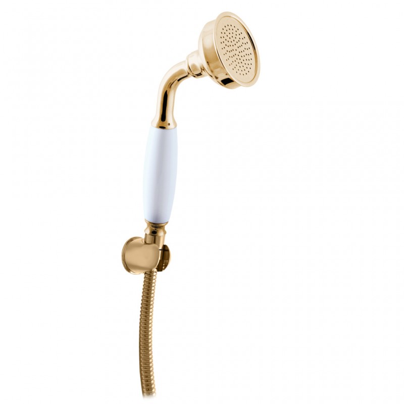 Set de douche complet RETRO avec flexible de 150 cm et support fixe en laiton doré