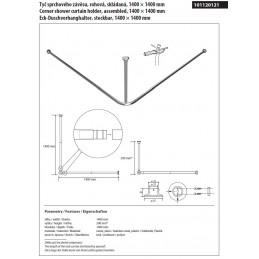 Tringle de coin pour rideau de douche en acier poli 140x140 cm