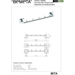 Patère de douche BETA en chrome avec 5 porte vetements 39,5cm x 5,5cm x 7cm