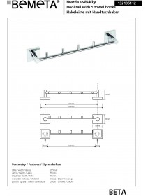 Patère murale à 5 crochets BETA en laiton chromé 39,5 x 5,5 x 7 cm