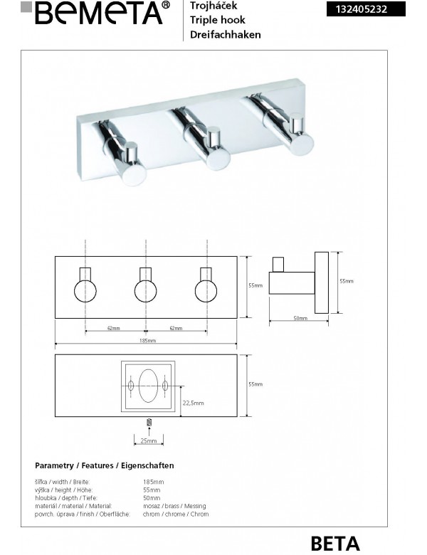 Patère triple en laiton chromé BETA 18,5cm x5,5cm x5 cm