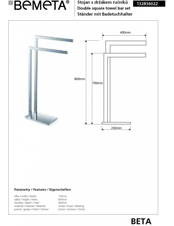 Porte serviette double barre sur pied en laiton chromé BETA 15 x 80 x 40 cm