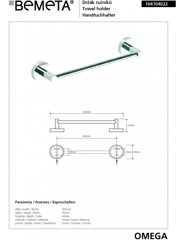 Porte-serviettes mural OMEGA laiton chromé 50,5x5,5x6,5 cm
