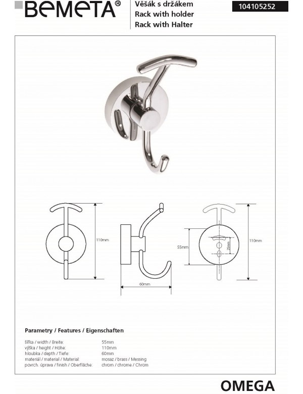 Patère à double crochets OMEGA laiton chromé 5,5x11x6 cm