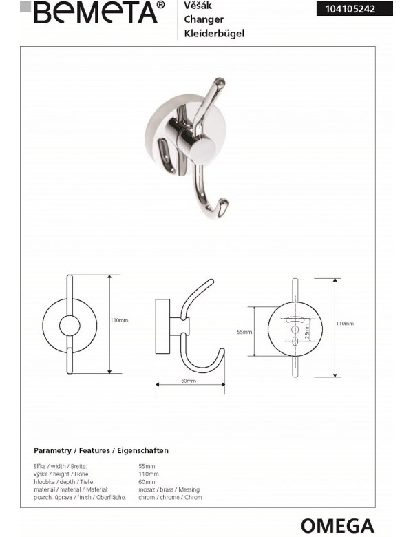 Patère à crochet OMEGA laiton chromé 5,5x11x6 cm