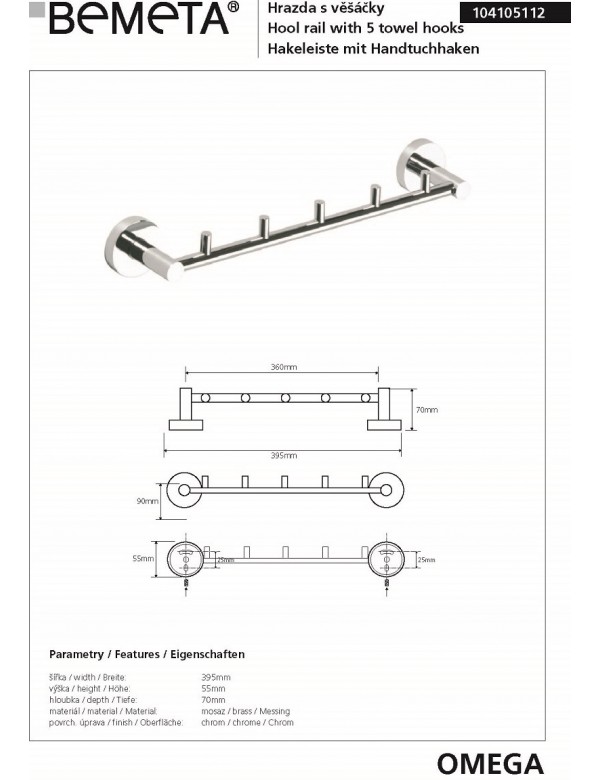 Patère à 5 crochets OMEGA laiton chromé 39,5x5,5x7cm