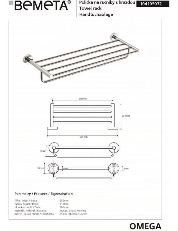Etagère, tablette avec porte-serviettes OMEGA laiton chromé 65,5x11x20cm