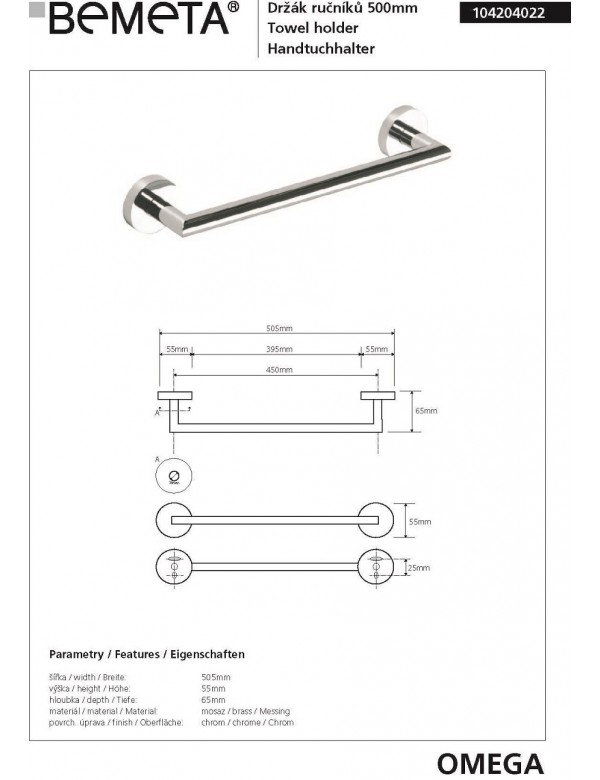 Porte-serviettes OMEGA en chrome 50,5x5,5x6,5cm
