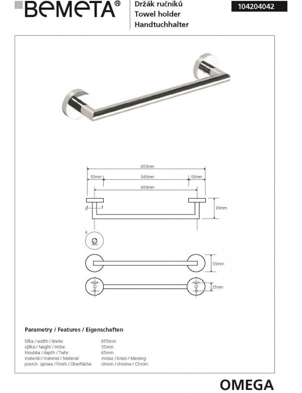 Porte-serviettes OMEGA en chrome 65,5x5,5x6,5cm