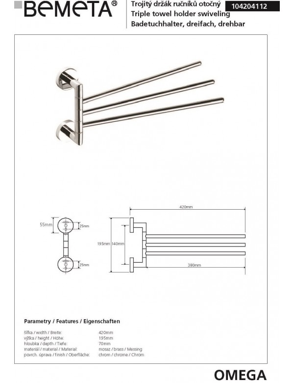 Porte-serviettes triple rotatif OMEGA laiton chromé 42x19,5x7cm