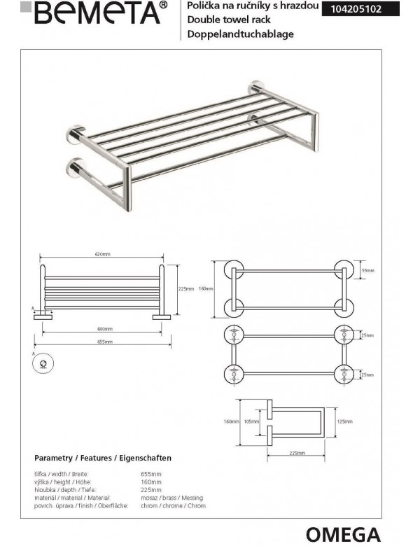 Etagère porte-serviettes avec double trapèze OMEGA 65,5x16x22,5cm