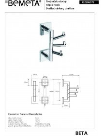 Patère triple murale pivotante BETA en laiton chromé 5,5 x19 x11 cm