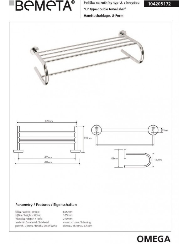 Tablette porte-serviette forme U OMEGA laiton chromé 65,5x16,5x27 cm