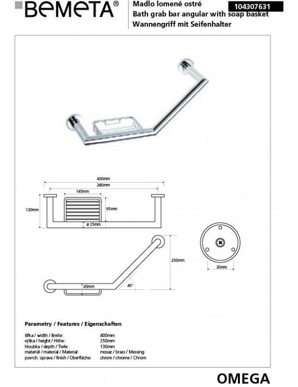Barre de maintien coudée avec porte savon OMEGA laiton chromé 40x25x13 cm